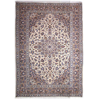 Kashan Persian Rug 11x8 ft - Semi Antique Shah Abbasi, Medallion (Toranj) Cream, Navy Blue, Persian Blue Hand Knotted | front view | SKU 112857