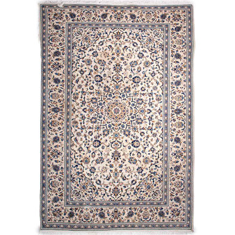 Kashan Persian Rug 9x6 ft - Semi Antique Medallion Toranj, Shah Abbasi Cream, Navy Blue, Persian Blue Hand Knotted | front view | SKU 112858