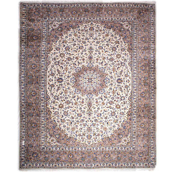 Kashan Persian Rug 12'11" x 9'10" - Semi Antique Medallion Crimson, Navy Blue Hand Knotted | front view | SKU 112859