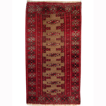 Turkmen Persian Rug 3'7" x 1'12" - Semi Antique Geometric Crimson, Navy Blue Hand Knotted | front view | SKU 110139