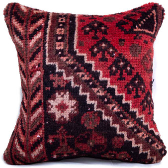 Shiraz Persian Rug 1x1 ft - Semi Antique Geometric, Tribal and Nomadic Dark Red, Burgundy, Black Hand Knotted | front view | SKU 113011