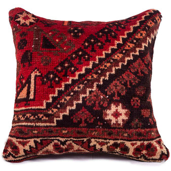 Shiraz Persian Rug 1x1 ft - Semi Antique Geometric, Tribal and Nomadic Madder Red, Burgundy, Dark Red Hand Knotted | front view | SKU 113016