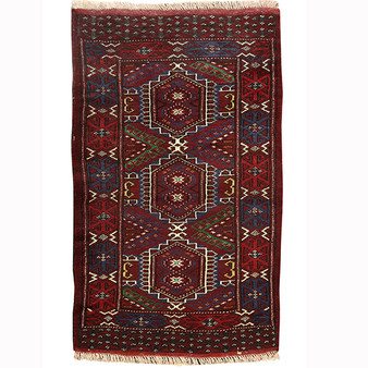 Turkmen Persian Rug 3'5" x 1'11" - Semi Antique Geometric Crimson, Navy Blue Hand Knotted | front view | SKU 110140