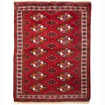 Turkmen Persian Rug 4x2 ft  Semi Antique Geometric Crimson, Navy Blue Hand Knotted | front view | SKU 110141