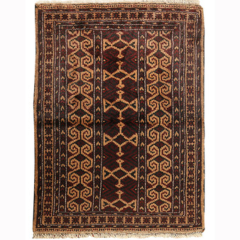 Turkmen Persian Rug 3'9" x 2'9" - Semi Antique Geometric Crimson, Navy Blue Hand Knotted | front view | SKU 110142