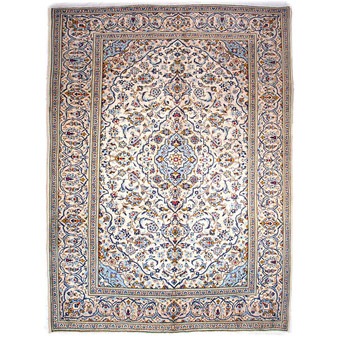 Kashan Persian Rug 11x8 ft - Semi Antique Medallion Toranj Shah Abbasi Cream Navy Blue Persian Blue Hand Knotted | front view | SKU 112903