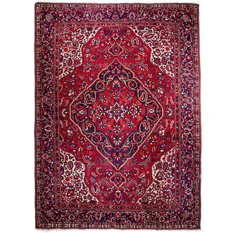 Bakhtiari Persian Rug 14x10 ft - Semi Antique Medallion (Toranj), Herati (Mahi) Madder Red, Crimson, Navy Blue Hand Knotted | front view | SKU 112904