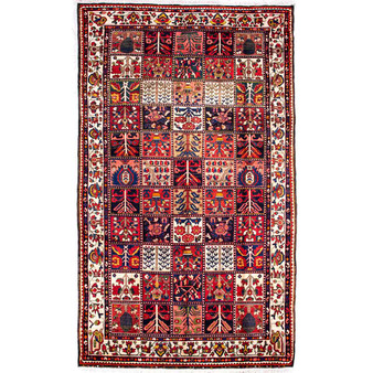 Bakhtiari Persian Rug 10x5 ft - Semi Antique Kheshti Garden, Geometric Madder Red, Crimson, Cream Hand Knotted | front view | SKU 112905