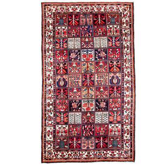 Bakhtiari Persian Rug 10x5 ft - Semi Antique Kheshti (Garden), Geometric Madder Red, Cream, Navy Blue Hand Knotted | front view | SKU 112906