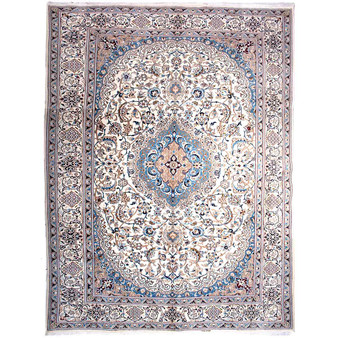 Tabas Persian Rug 13x9 ft - Semi Antique Eslimi Medallion Cream Persian Blue Brown Hand Knotted | front view | SKU 112907