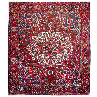Bakhtiari Persian Rug 11x10 ft - Semi Antique Medallion Blue, Crimson Hand Knotted | front view | SKU 112908