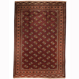 Turkmen Persian Rug 12'0" x 8'1" - Semi Antique Geometric Crimson, Navy Blue Hand Knotted | front view | SKU 110143