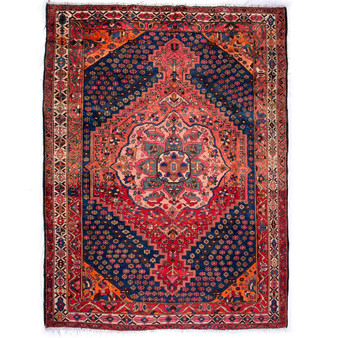 Bakhtiari Persian Rug 9x6 ft - Semi Antique Medallion (Toranj), Geometric Navy Blue, Madder Red, Crimson Hand Knotted | front view | SKU 112909
