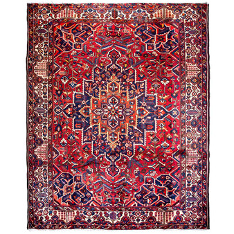Bakhtiari Persian Rug 12'10" x 10'3" - Semi Antique Medallion Blue, Crimson Hand Knotted | front view | SKU 112914