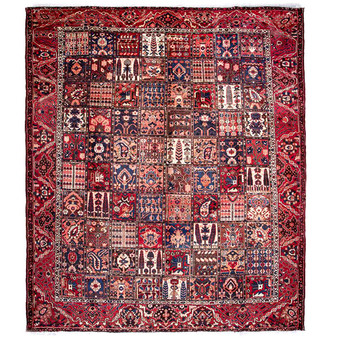 Bakhtiari Persian Rug 12x10 ft - Semi Antique Kheshti Garden, Geometric Madder Red, Navy Blue, Crimson Hand Knotted | front view | SKU 112915