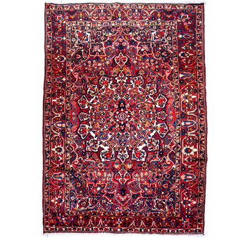 Bakhtiari Persian Rug 10x7 ft - Semi Antique Medallion Toranj, Shah Abbasi Madder Red, Navy Blue, Crimson Hand Knotted | front view | SKU 112916
