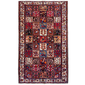 Bakhtiari Persian Rug 9x5 ft - Semi Antique Kheshti Garden, Geometric Crimson, Navy Blue, Ivory Hand Knotted | front view | SKU 112917