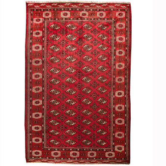 Turkmen Persian Rug 12'8" x 8'9" - Semi Antique Geometric Crimson, Navy Blue Hand Knotted | front view | SKU 110144