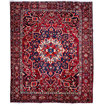 Bakhtiari Persian Rug 12x10 ft - Semi Antique Medallion (Toranj), Geometric Madder Red, Navy Blue, Crimson Hand Knotted | front view | SKU 112921