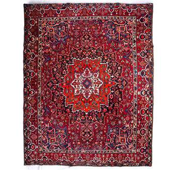 Bakhtiari Persian Rug 12x10 ft - Semi Antique Medallion Blue, Crimson Hand Knotted | front view | SKU 112923