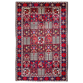 Bakhtiari Persian Rug 10'4" x 6'7" - Semi Antique Medallion Blue, Crimson Hand Knotted | front view | SKU 112924