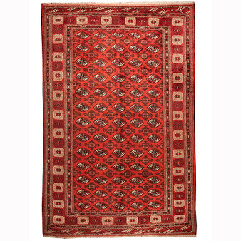 Turkmen Persian Rug 12'8" x 8'4" - Semi Antique Geometric Crimson, Navy Blue Hand Knotted | front view | SKU 110145