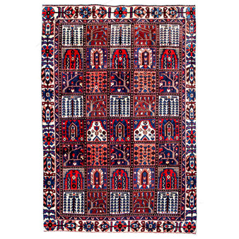Bakhtiari Persian Rug 9x6 ft - Semi Antique Kheshti (Garden), Geometric Navy Blue, Crimson, Brick Red Hand Knotted | front view | SKU 112929