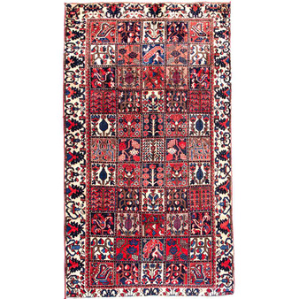 Bakhtiari Persian Rug 9x5 ft - Semi Antique Kheshti Garden, Geometric Madder Red, Cream, Navy Blue Hand Knotted | front view | SKU 112931