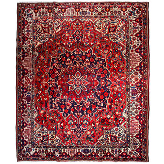 Bakhtiari Persian Rug 12'8" x 10'2" - Semi Antique Medallion Blue, Crimson Hand Knotted | front view | SKU 112934