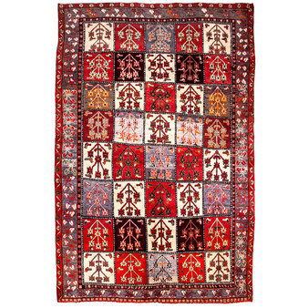 Bakhtiari Persian Rug 9x6 ft - Semi Antique Medallion Blue, Crimson Hand Knotted | front view | SKU 112935