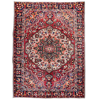 Bakhtiari Persian Rug 9x6 ft - Semi Antique Medallion Blue, Crimson Hand Knotted | front view | SKU 112938