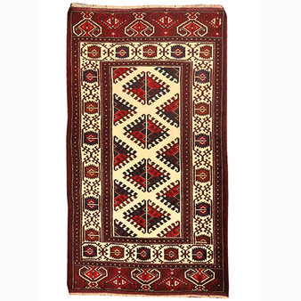 Turkmen Persian Rug 7x4 ft - Semi Antique Geometric Crimson, Navy Blue Hand Knotted | front view | SKU 110146