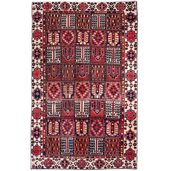 Bakhtiari Persian Rug 9'10" x 6'7" - Semi Antique Medallion Blue, Crimson Hand Knotted | front view | SKU 112939