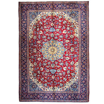 Najafabad Persian Rug 13x10 ft - Semi Antique Medallion Red, Beige Hand Knotted | front view | SKU 112946