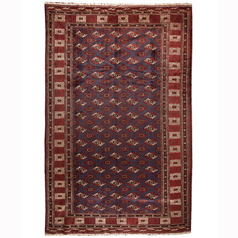 Turkmen Persian Rug 12x8 ft - Semi Antique Geometric Crimson, Navy Blue Hand Knotted | front view | SKU 110147