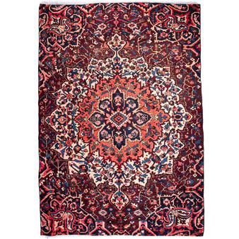 Bakhtiari Persian Rug 11x7 ft - Semi Antique Medallion Toranj, Herati Mahi Madder Red, Navy Blue, Cream Hand Knotted | front view | SKU 112949