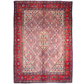 Ardabil Persian Rug 9x6 ft - Semi Antique Medallion (Toranj), Herati (Mahi) Madder Red, Cream, Ivory Hand Knotted | front view | SKU 112951