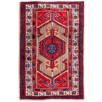Ardabil Persian Rug 5x3 ft - Semi Antique Medallion Toranj Geometric Madder Red Navy Blue Cream Hand Knotted | front view | SKU 112954