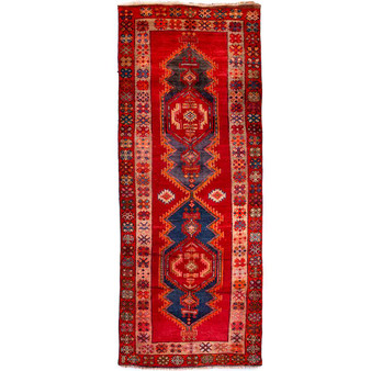 Ardabil Persian Rug 12x4 ft - Semi Antique Medallion Turquoise, White Hand Knotted | front view | SKU 112955