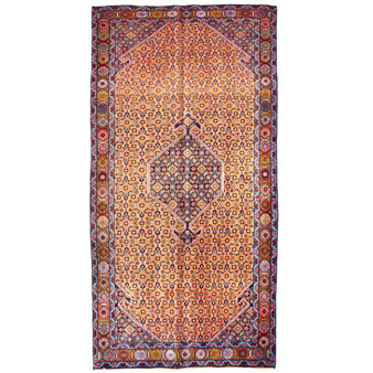 Ardabil Persian Rug 9x4 ft - Semi Antique Medallion Toranj, Herati Mahi Camel, Madder Red, Navy Blue Hand Knotted | front view | SKU 112957