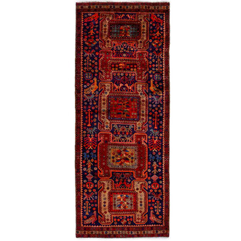Ardabil Persian Rug 10x3 ft - Semi Antique Medallion Geometric Dark Red, Navy Blue, Madder Red Hand Knotted | front view | SKU 112958