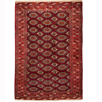 Turkmen Persian Rug 11'5" x 7'5" - Semi Antique Geometric Crimson, Navy Blue Hand Knotted | front view | SKU 110148