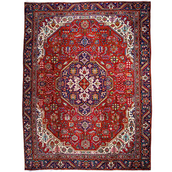 Azarshahr Persian Rug 11x8 ft - Semi Antique Medallion Red, Cream Hand Knotted | front view | SKU 112959