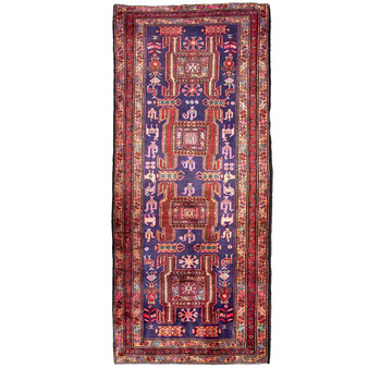 Ardabil Persian Rug 9x4 ft - Semi Antique Medallion Turquoise, White Hand Knotted | front view | SKU 112965