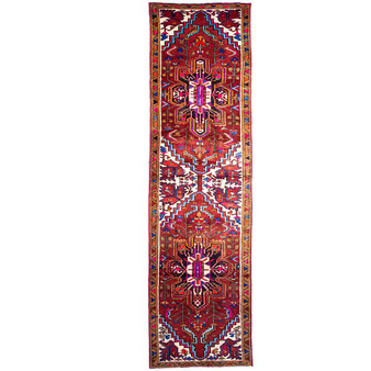 Karaja Persian Rug 9'10" x 2'7" - Semi Antique Medallion Ultramarine, Red Hand Knotted | front view | SKU 112966