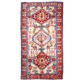 Ardabil Persian Rug 10x5 ft - Semi Antique Medallion Turquoise, White Hand Knotted | front view | SKU 112969