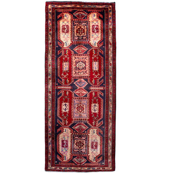 Ardabil Persian Rug 10'3" x 4'1" - Semi Antique Medallion Turquoise, White Hand Knotted | front view | SKU 112971