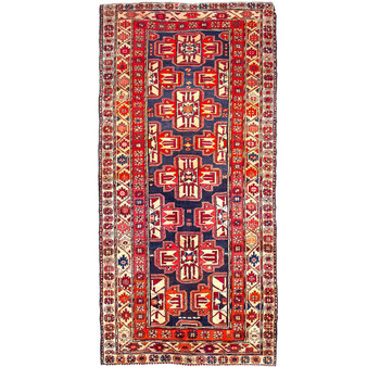 Ardabil Persian Rug 9x4 ft - Semi Antique Medallion (Toranj), Geometric Madder Red, Navy Blue, Cream Hand Knotted | front view | SKU 112975