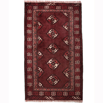 Turkmen Persian Rug 3'11" x 2'4" - Semi Antique Geometric Crimson, Navy Blue Hand Knotted | front view | SKU 110150
