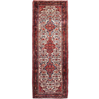 Hamadan Persian Rug 9x3 ft - Semi Antique Afshan Red, Blue Hand Knotted | front view | SKU 112979